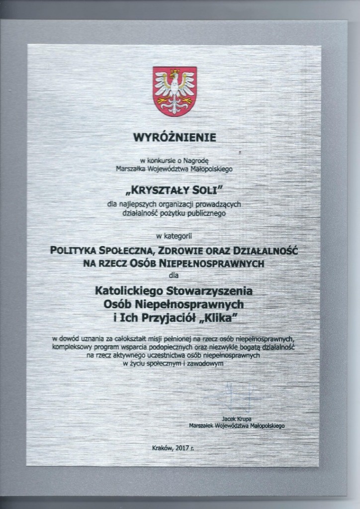 KRYSZTAŁY SOLI - Prestiżowe wyróżnienie dla KLIKI